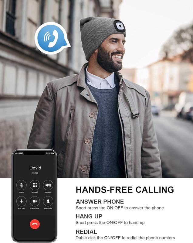 Bluetooth Beanie with a Light, Unisex USB Rechargeable 4 LED Fashlight Hat with Cordless Headphones, Unique Christmas Birthday Gifts for Men Him Husband Teen Black