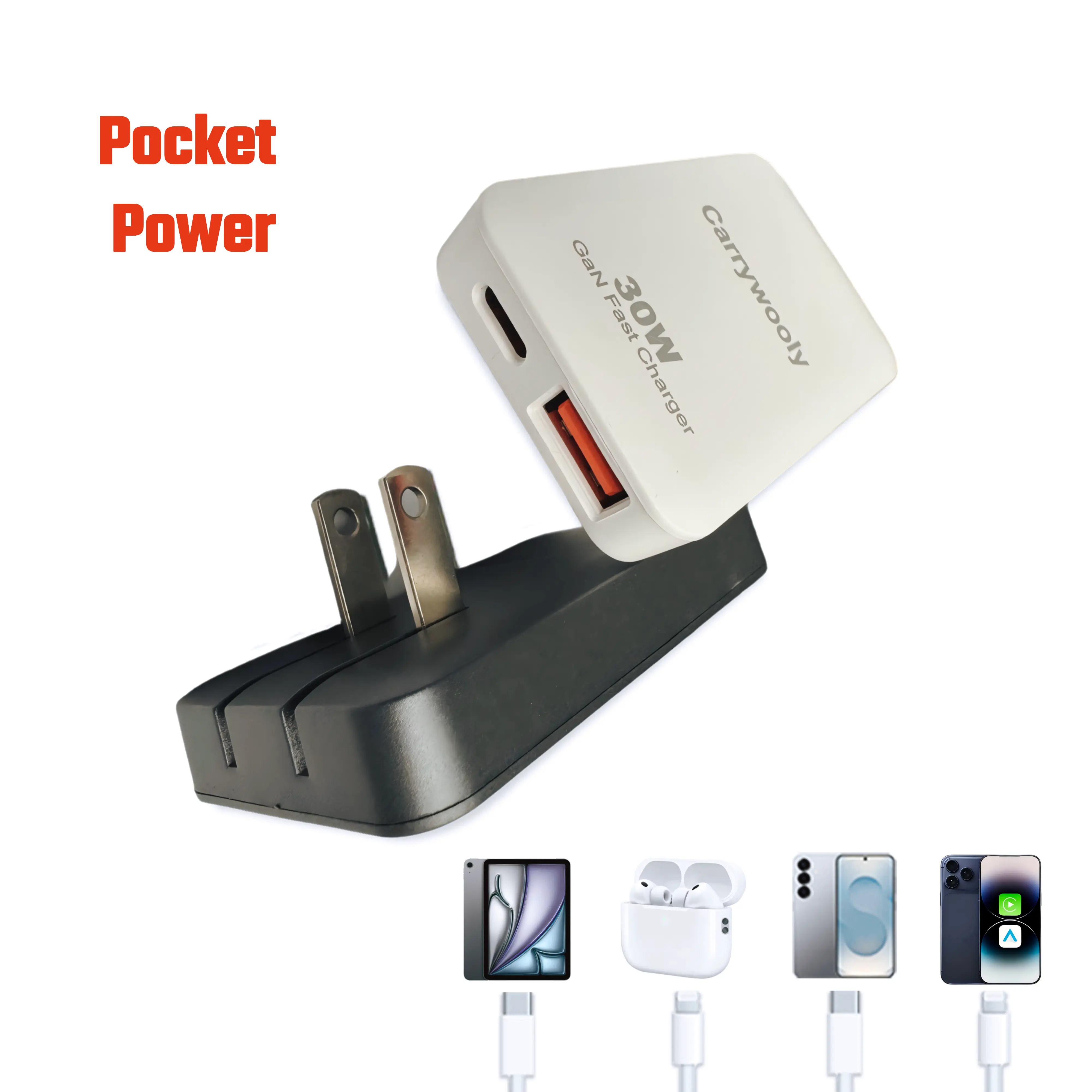 2-in-1 Pocket Power adapter,2-in-1 for USB-A and USB-C,30W,Foldable, fast charging For iPhone/Android/ipad/mp3