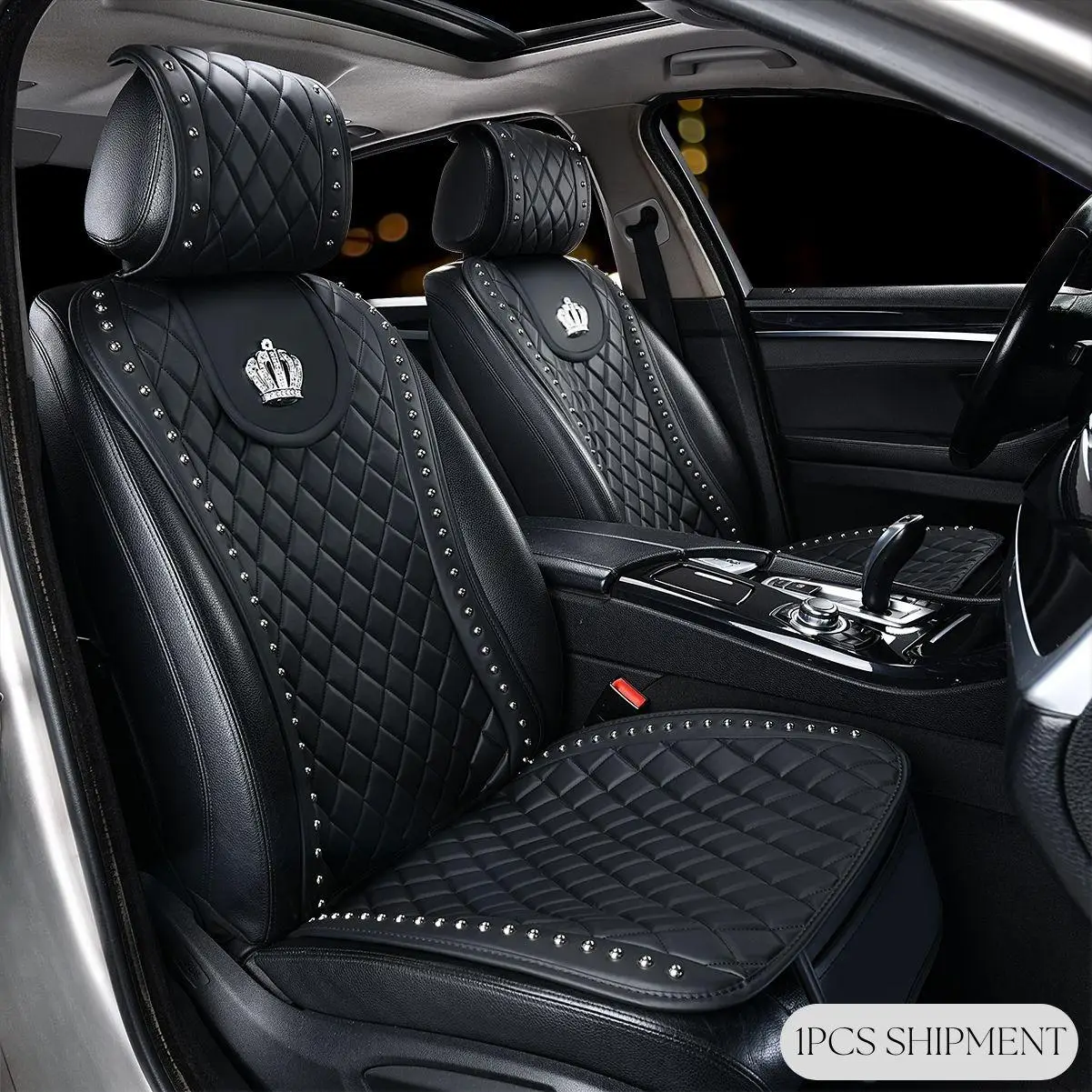 Creative Rhinestone Crown Decor Car Seat Cover, 1 Set Anti-slip Car Front Seat Cover Protector For Front Seat, Car Interior Accessories