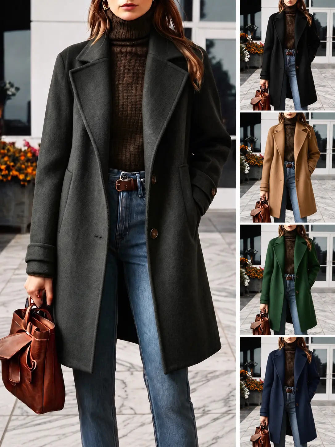 Women's Mid-Length Overcoat Casual Notch Lapel Button Down Vintage Peacoat Winter Trench Coat Outerwear