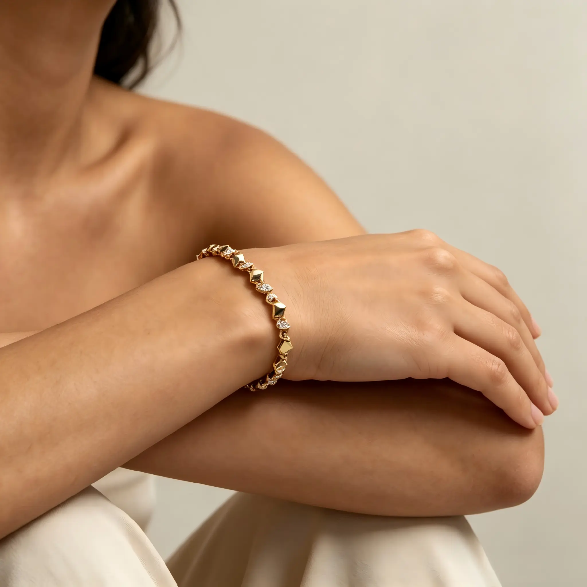 14K Gold Plated Twisted Square Link Bracelet for Women, Dainty Curved Interlocking Chain with Paved Rhinestone Adjustable Thin Elegant Jewelry Gift