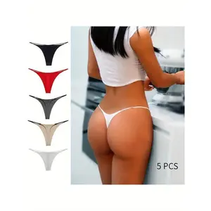 [Sexy Thong Bikini Panties] 5 Pcs Double Spaghetti Straps Sexy Thong girl - Low Waisted Double Bikini Women's T-Shaped Erotic Panties Mixed Color Womenswear Minimalist Bridal