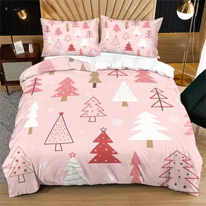Pink and red Christmas tree pattern duvet cover, cute and dreamy Christmas bedroom decoration gift suitable for children and teenagers, including 1 bed duvet cover and 1 or 2 pillowcases without core and pillow Bedding Sets