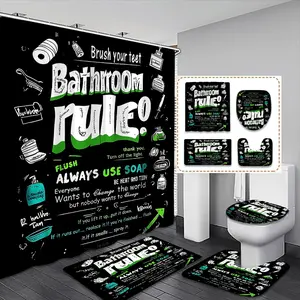 Creative Bathroom Rules Graffiti Board Set, Humorous Shower Curtain with Hooks, Non-Slip Mat, Toilet Lid Pad, Home Decor Gift, Bathroom Decoration Accessories, Shower Curtain Sets
