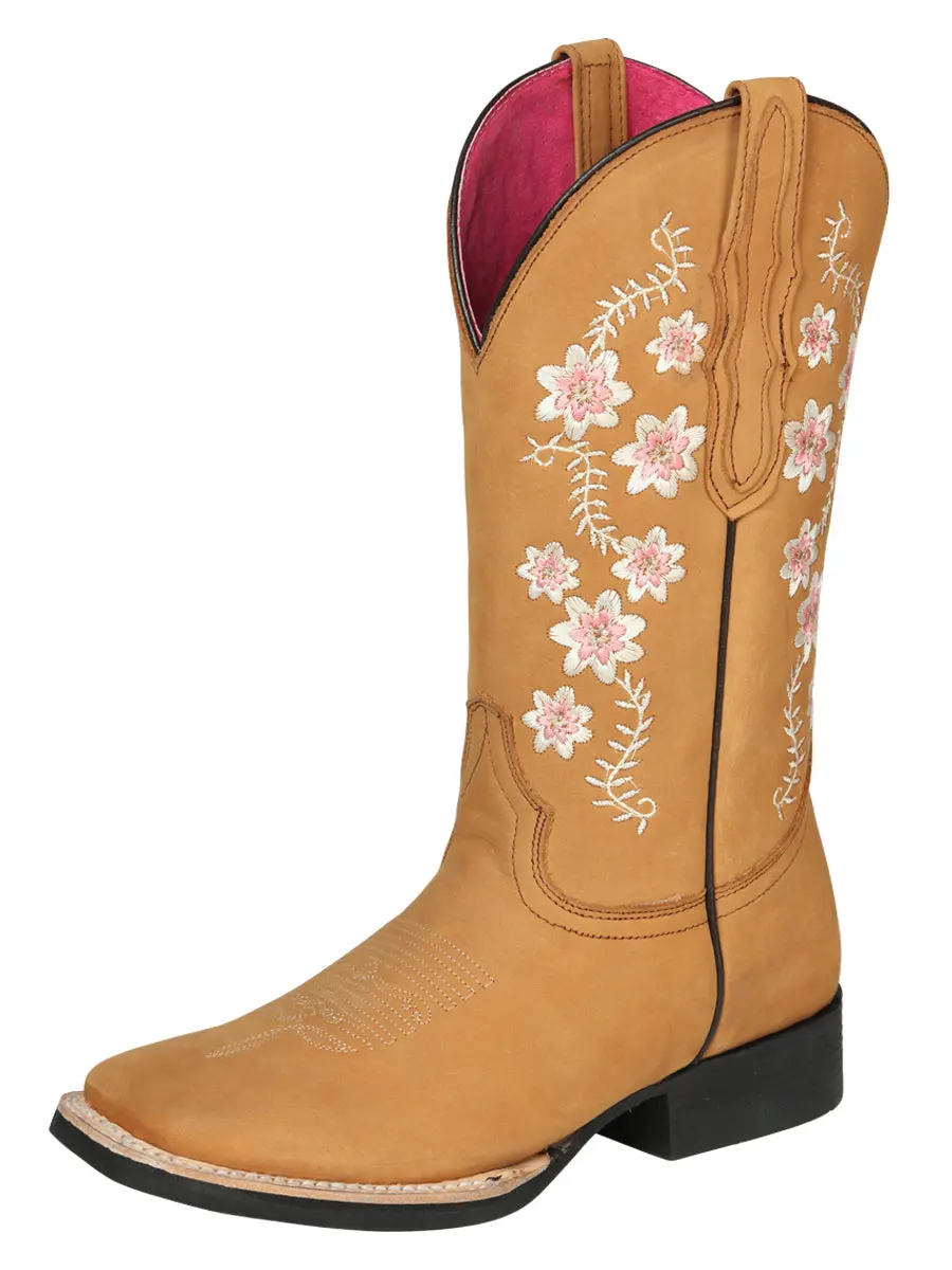 El General Women’s Leather Cowgirl Boots - Made in Mexico - Nubuck Peach 44644