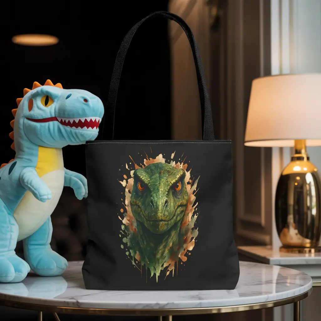 Velociraptor Tote Bag – Watercolor Dinosaur Shoulder Bag | Fierce Raptor Art Printed Tote | Reusable Shopping Bag for Dino Lovers | Gothic Jurassic Aesthetic | Unique Gift for Him or Her | Durable Canvas Bag