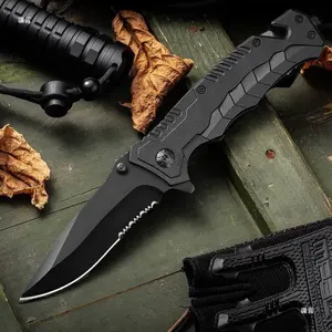 EDC Tactical Folding knives  3.35 Inch Serrated Stainless Steel Blade with Glass Breaker Seatbelt Cutter Survival Camping  Black Portable Pocket Clip Outdoor Emergency Tool for Men Hiking Wild Tactical Gear Birthday Gift multitool knife adventure unique