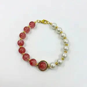 Dainty Strawberry Quartz & Freshwater Pearl Bracelet | Love Attracting Gold-Tone Adjustable Bracelet for Women Romantic Daily Wear