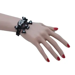 Women Fashion Jewelry Metal Chain Wrist Bracelet Bling Shiny Skeleton Skull Charm Biker Style (Black) Gothic Stainless Steel Adjustable Cuff