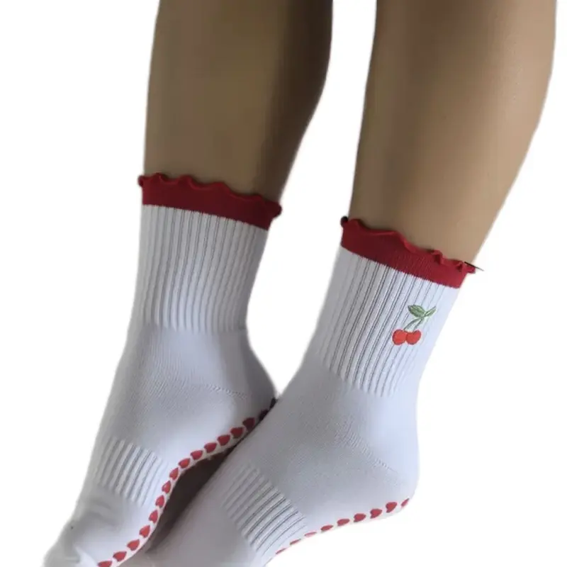 Pilates Cute Socks with Cherry Design and Red Trim White Ankle Length Socks for Pilates Practice
