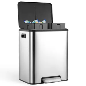 30 L / 8 Gallons Dual Trash Can with Lid – Stainless Steel Waste Bin with 2 Removable Inner Buckets & Soft Close Lid – For Office, Bedroom, Kitchen