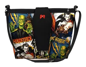 La Luna Blu Handbags Classic Horror MONSTERS COFFIN FLAP Bag w/Coffin Charm - Universal Vintage Frankenstein Wolfman Mummy Dracula Vampire Halloween 100% Cotton with Red Ribbon Bow & Faux Pearl Accent