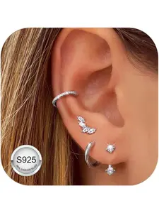 925 Sterling Silver Earrings Set for Women, 4 Pairs Earrings Stacks for Multiple Piercings, Hypoallergenic Gold/Silver Hoops Ear Cuff Jacket Stud Birthstone Earring Birthday Jewelry