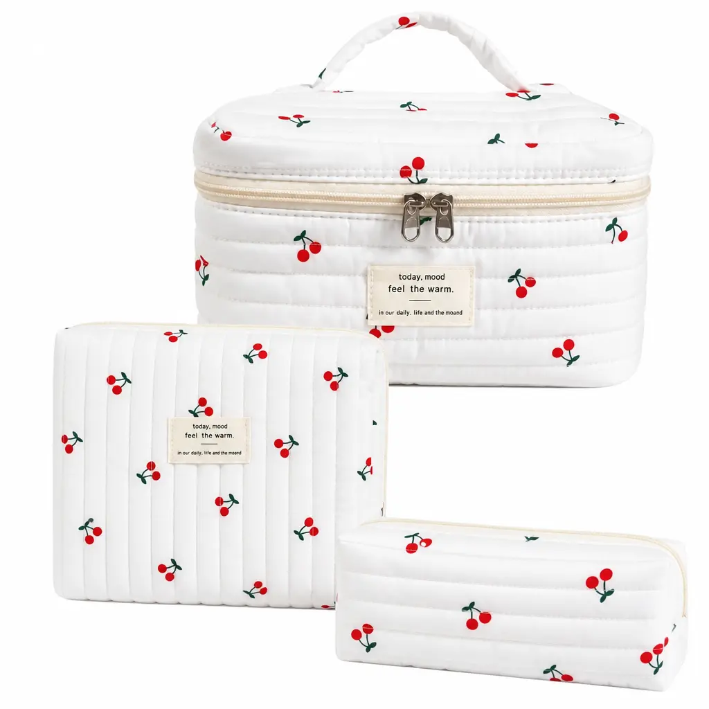 Cute Cherry 3-in-1 Makeup Bag Set, quilted cosmetic bag, toiletry organizer, aesthetic makeup storage for girls daily trips, Beauty On The Go, 3‑Pouch Order