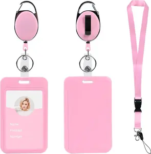 Pink ID Badge Holder with Retractable Reel Clip Lanyard Keychain Nametag Protector for Nurse Women Kids Office School Use