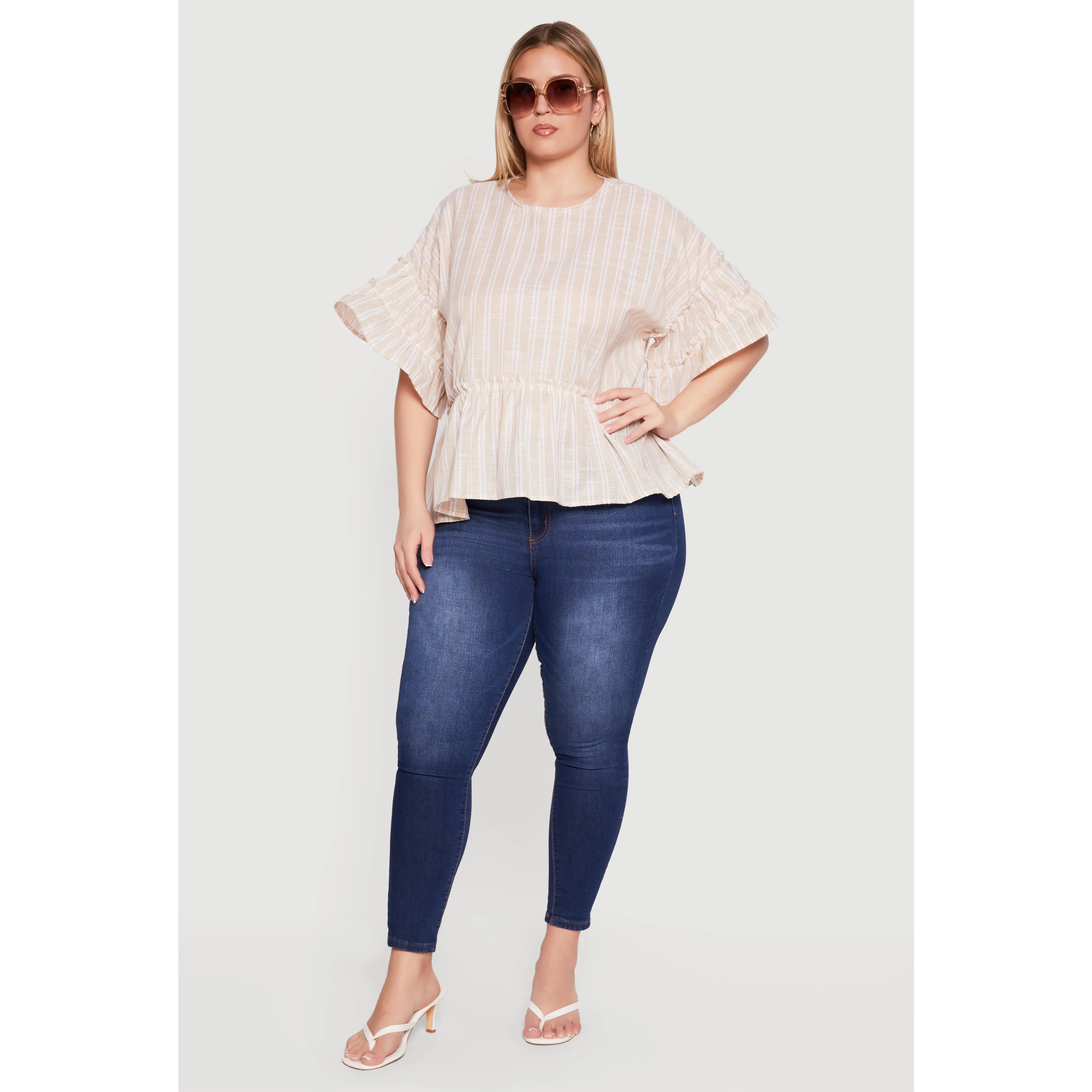 Plus Size Pinstripe Peplum Blouse with Ruffle Tiered Sleeves