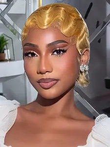 Short Wigs for Women Human Hair Ocean Finger Wave Pixie Cut Wig Human Hair Costume Wig Layered Blonde Color for Daily Use