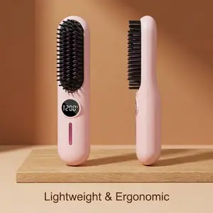 Cordless Hair Straightener Brush, Portable Mini Straightening Brush for Travel, Negative Ion Hot Comb Hair Straightener for Women, Lightweight to Carry Out, USB Rechargeable,5200mAh Batt, 7 Temp-Settings & LED Display