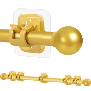 Curtain Rods No Drilling for Windows Set 32 to 64 Inch, 5/8 Inch Diameter Drapey Pole with No Drill Curtain Rod Brackets, Renter Friendly Cortineros Para Ventanas with Adhesive Holder Hook (Gold)