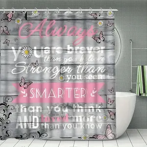 1/4pcs Butterfly & Letter Pattern Bathroom Decor Set, Bathroom Decoration Accessories, 4 Counts Non-slip Bath Mat & U-shaped Commode Contour Rug & Toilet Lid Mat & Shower Curtain with 12 Hooks, Bathroom Accessories