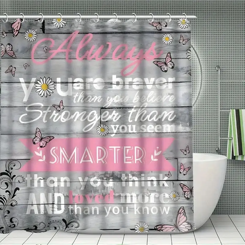 1/4pcs Butterfly & Letter Pattern Bathroom Decor Set, Bathroom Decoration Accessories, 4 Counts Non-slip Bath Mat & U-shaped Commode Contour Rug & Toilet Lid Mat & Shower Curtain with 12 Hooks, Bathroom Accessories, Bathroom Decor And Accessories