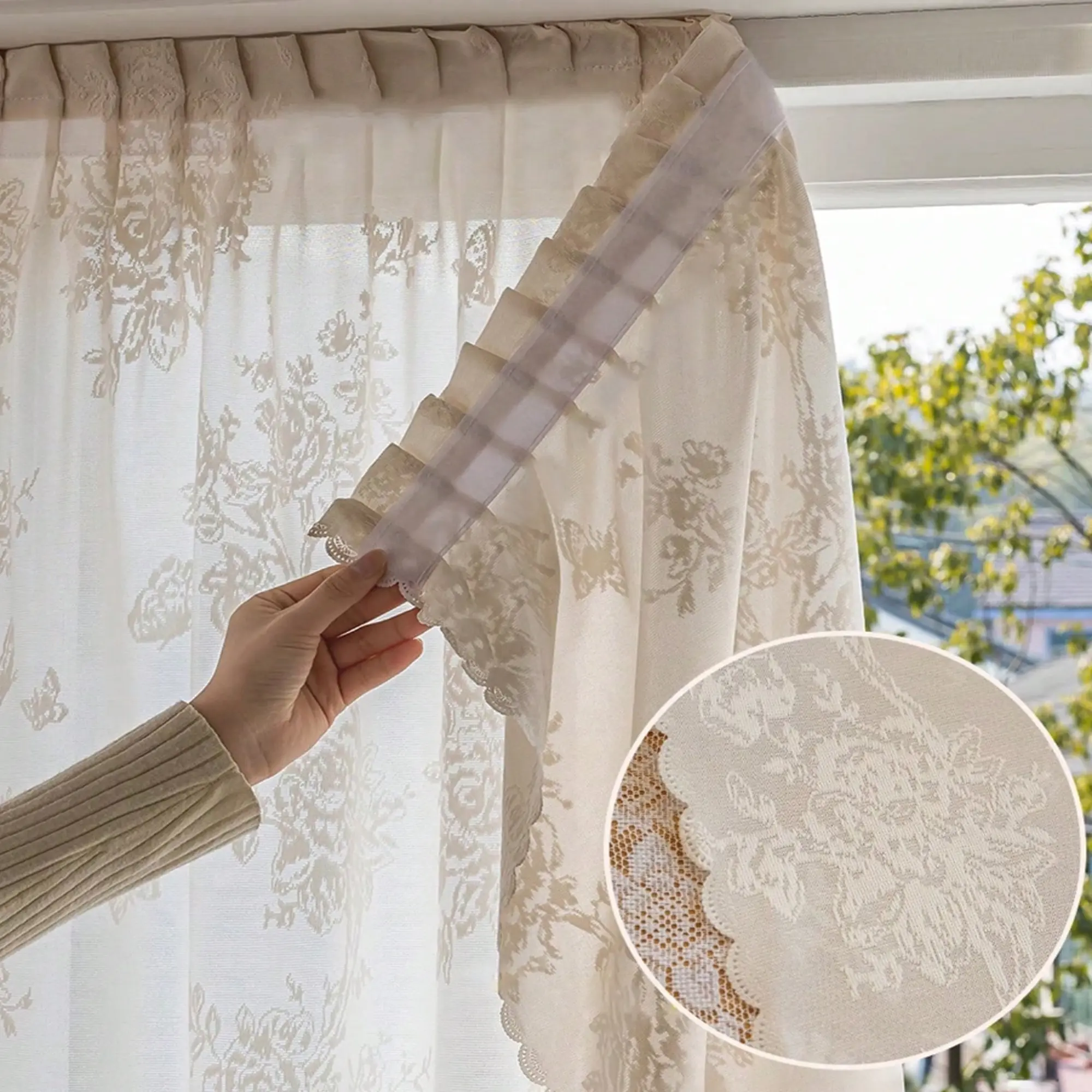 1pc Hook-And-Loop Window Curtain For Living Room Bedroom, No Drill Required, Flower Pattern Translucent, Dust-Proof And Thermal Insulation, Easy Install Curtain, Thermal Insulated Curtain