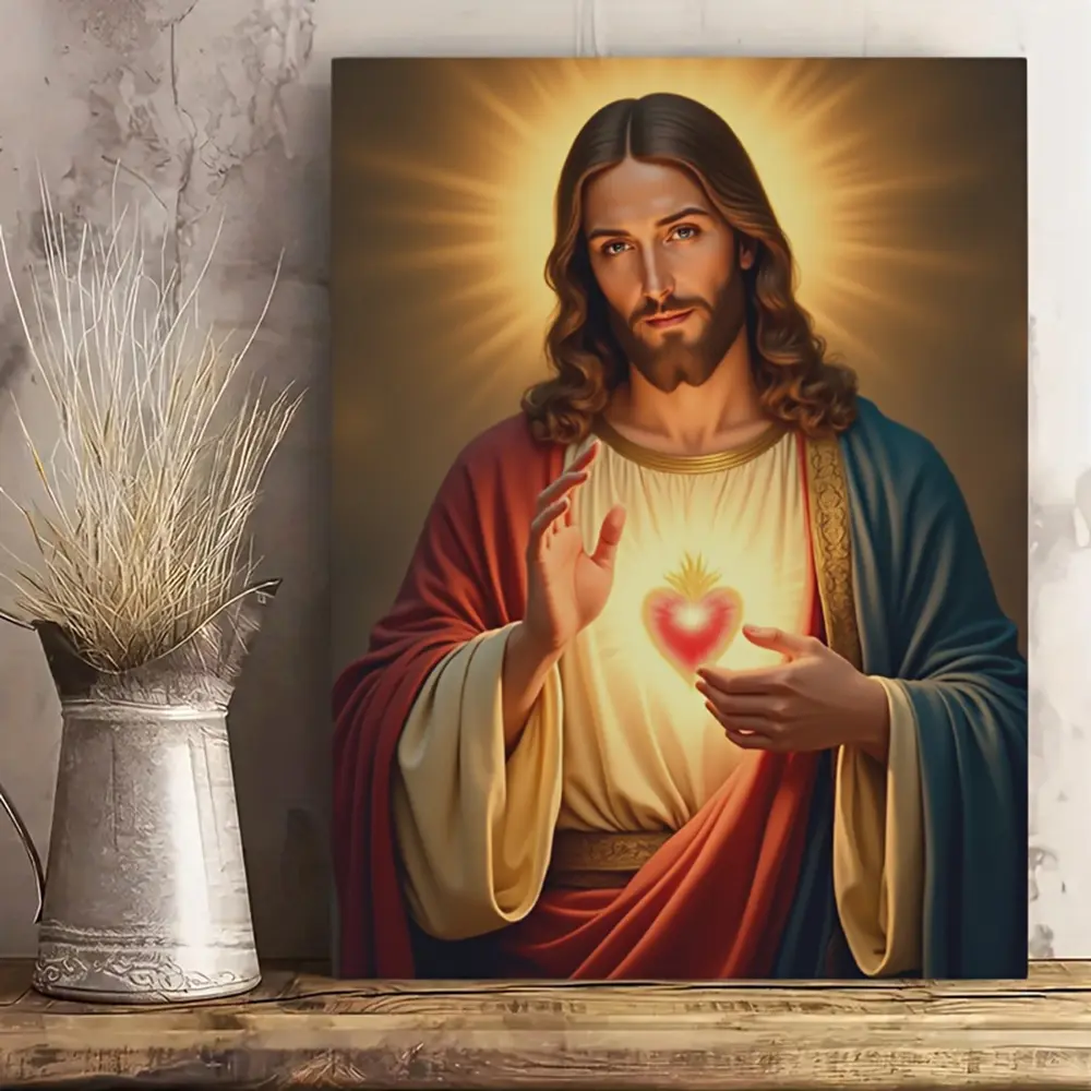2D Flat Large "Shining Mercy of the Sacred Heart" Jesus Christ Frameless Canvas Wall Art - Religious Spiritual Ornaments, Home Decor for Living Room - Easter & Christmas Gift Idea
