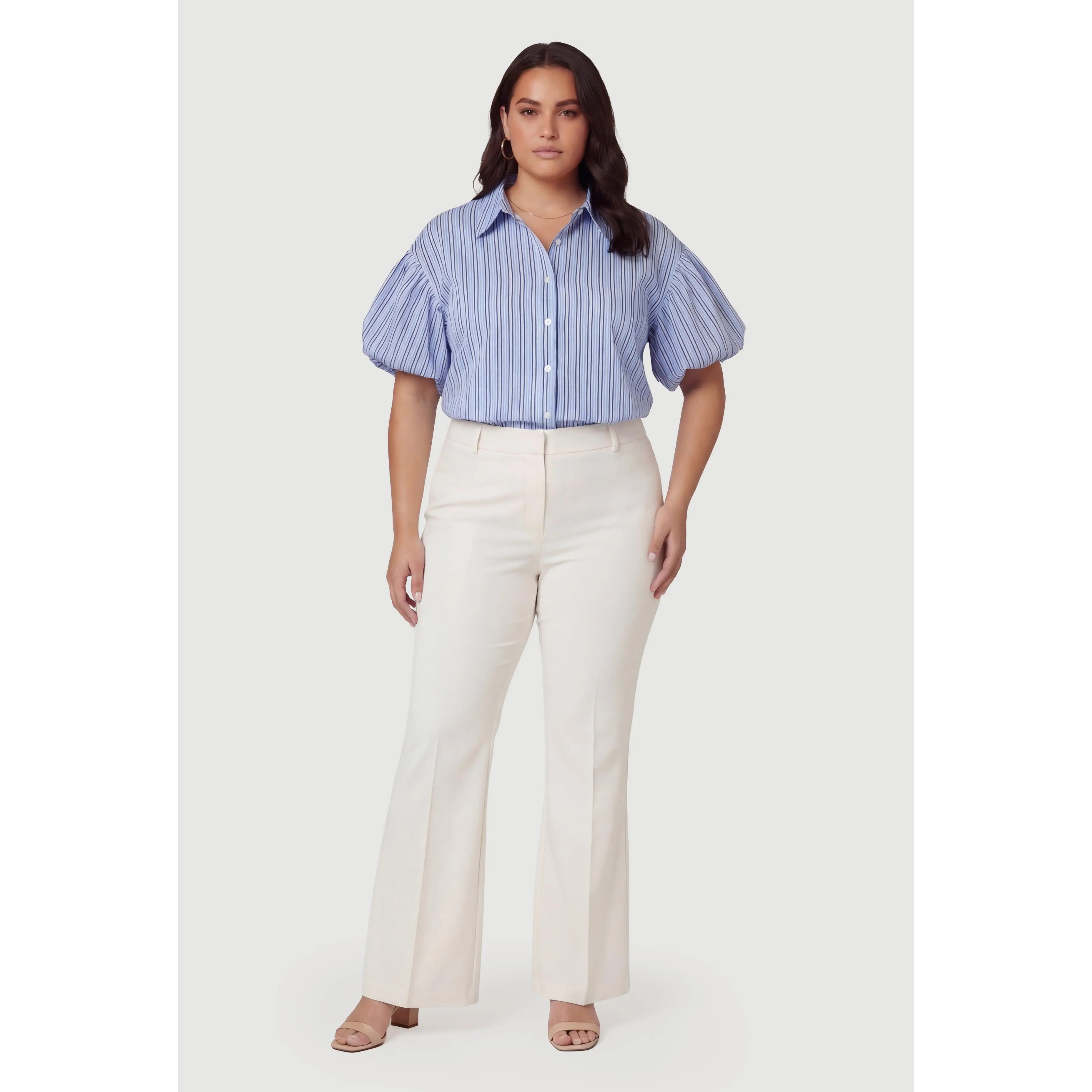 Plus Size Striped Bubble Sleeve Button Front Shirt