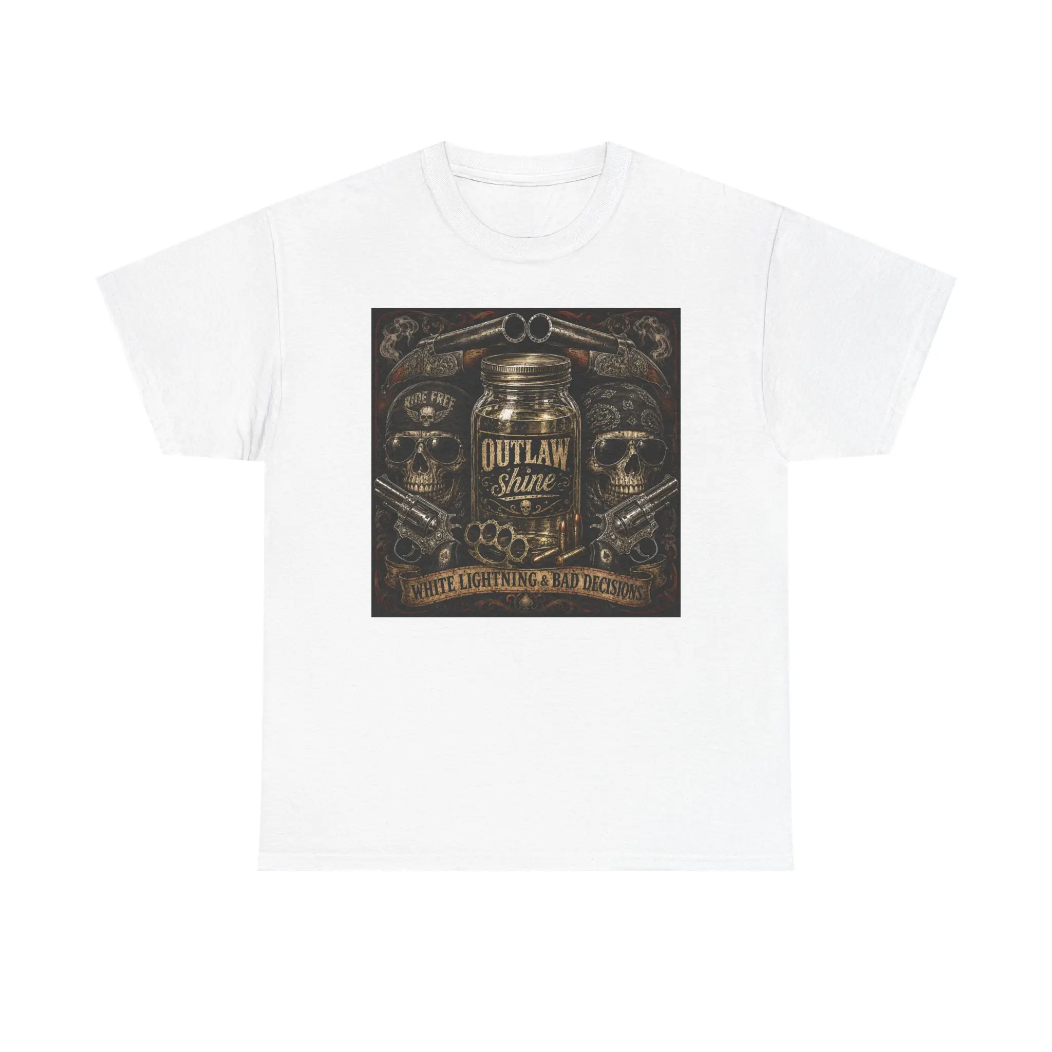 Outlaw Shine Mason Jar Skull Tee | Vintage Moonshine, Biker Whiskey Label