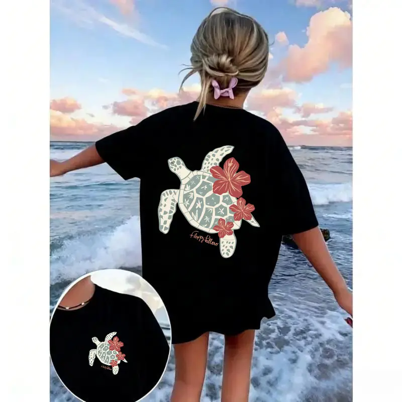 Women's Sporty Chic Casual Oversized Crew Neck Short Sleeve Top - All-Over Sea Turtle Hibiscus Print, Multi-Size (Up to 3XL), Denim-Free, for Summer Sports & Outdoor Activities