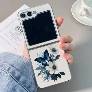 Blue and White Flower and Butterfly phone case compatible with Samsung galaxy zflip 6,zflip 5,moto razr50, razr60,galaxy zfold 6,zfold5