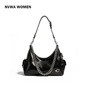 The Y2K Moto Hobo - Black Glossy Crinkled Leather Shoulder Bag with Silver Chain and Side Pockets for Everyday Edgy Style