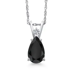 14K White Gold Black Onyx and Lab Grown Diamond Pendant Necklace for Women | 1.32 Cttw | Gemstone December Birthstone | Pear Shape 9X6MM | With 18 Inch Chain