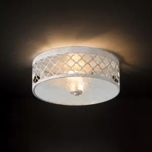 Flush Mount Ceiling Light, 13-inch Ceiling Light Fixtures Metal Cage Drum Shade, 2-Light Kitchen Light Fixtures, Rustic Antique White Style Ceiling Light