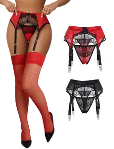 OHYEAH Women's Plus Size Lace Garter Belt Set, 4 Vintage Straps with Clips, Suspender Belt for Thigh Highs, Lace Halter Panty, S-XXL