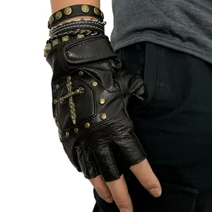 1 Pair Half Finger Real Leather Gloves Studded Men Punk Biker Motorcycle Gloves