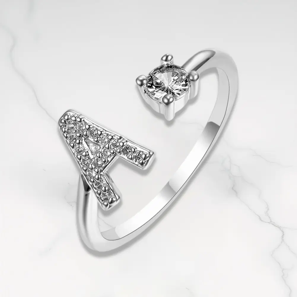 Adjustable Initial Letter Ring with Sparkling Stone