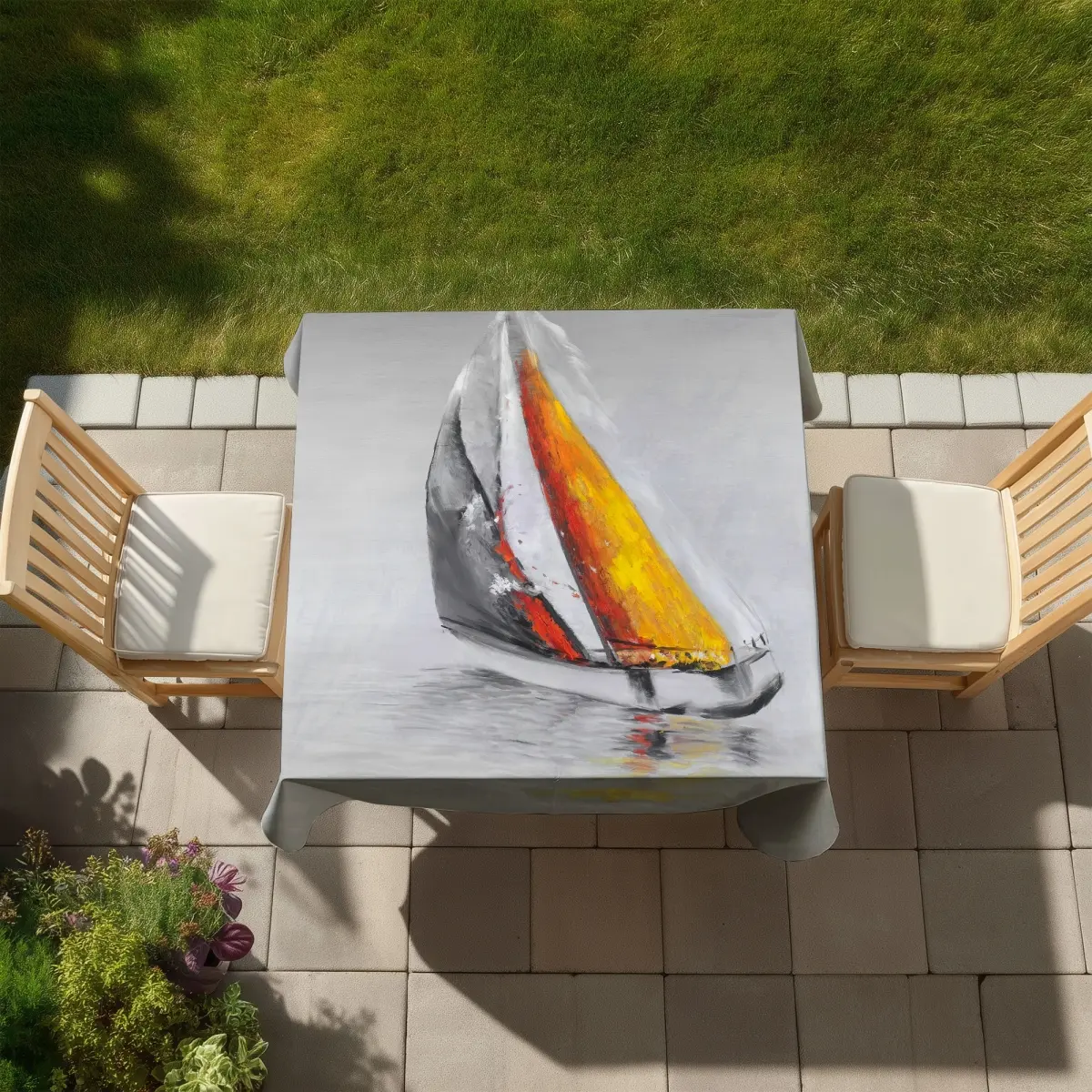 360 stand Nautical Boat Print Tablecloth, 58X58 In., Blue Sailing Design, Home & Outdoor Furniture Table Accessory, Indoor-Outdoor Tablecloths, Waterproof Tablecloths
