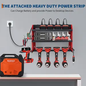 Wall Mounted Tool Storage Rack with Built in Charging Hub, Heavy Duty Garage Organizer for Power Tools, Multiple Outlets and Drill Holders, Pegboard Style