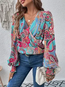 A women's colorful Paisley print cross V-neck lantern sleeve top, retro holiday style loose slimming shirt, suitable for autumn and winter, suitable for seaside vacation, summer shopping, outdoor cafe punching and other outfits, Blouse