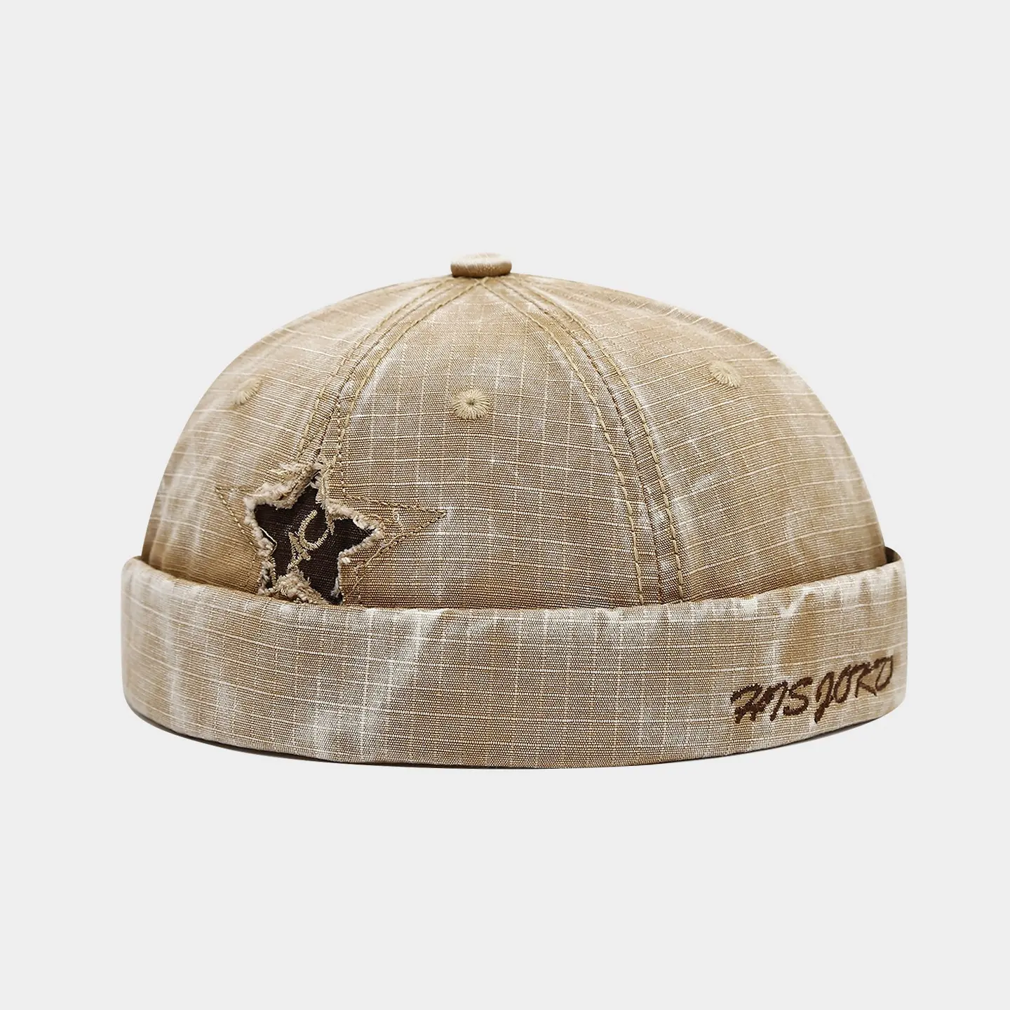 Retro Distressed Docker Cap - Unisex Washed Breathable Cotton Brimless Hat with Star Patch, Adjustable Denim Retro Vibe Headwear for Boys & People, Hand Wash, 1 Size Summer Beige, Keeps Heads Cool, Breathable Cotton Keeps Heads Cool, Soft Washed Cotton