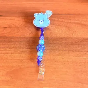 Blue Emoji Bear Badge Reel, Interchangeable Beaded ID Holder, Rhinestone Acrylic Beads