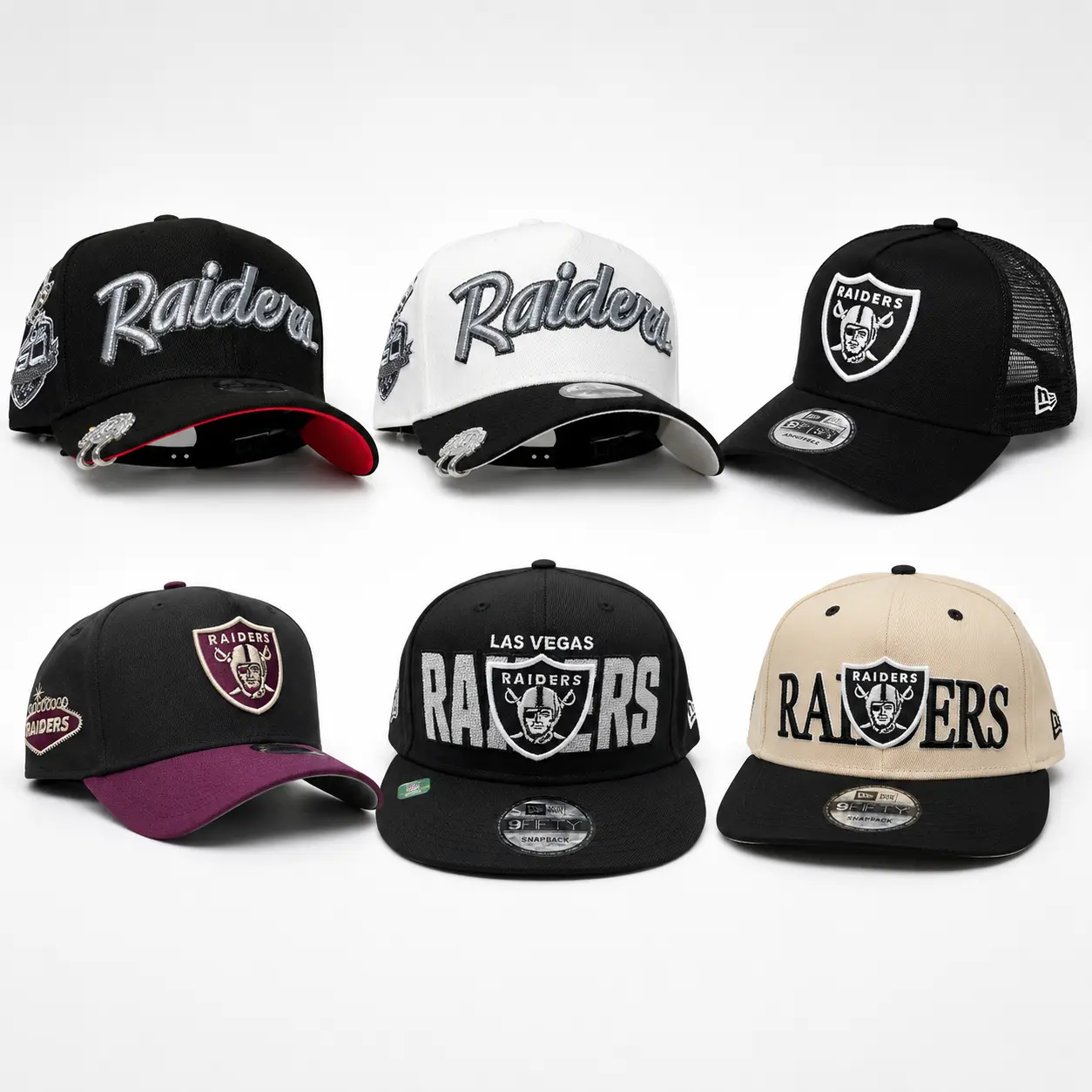 Las Vegas Raiders NFL Adjustable Baseball Cap Embroidered Logo Curved Brim & Snapback Hat Unisex Black White Two-Tone Trucker Styles