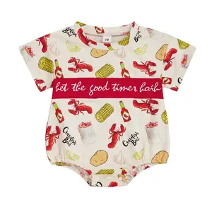 Newborn Baby Boy Girl Summer Outfit 0 3 6 9 12 18 Months Lobster Print Short Sleeve Bubble Romper Bodysuit Infant Crawfish Jumpsuit Playsuit