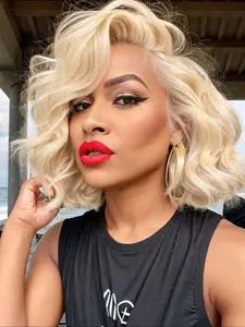 180% Density Curly Bob Wig Human Hair Blonde 5x5 HD Lace Front Wig, Lace Front Bobs, Pre Plucked with Baby Hair, Suitable for Women