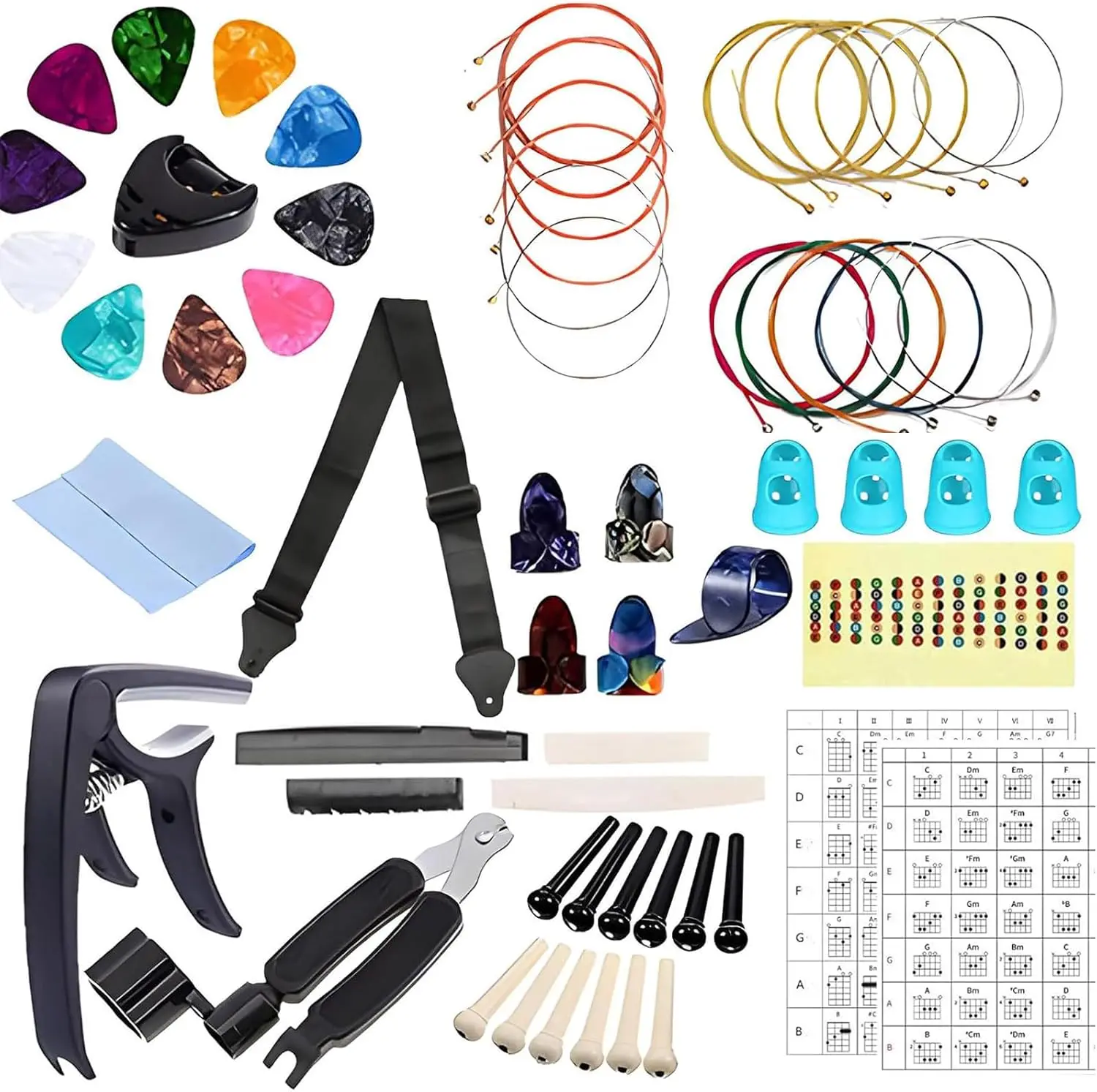Summer Spring Gift 60 PCS All-in-One Acoustic Guitar Accessories Kit, Guitar Strings Acoustic 6 String Set with Guitar Capo, 3-in-1 Restring Tool, Guitar Tuner, Guitar Picks, Bridge Pins,Guitar Starter Kit for Beginners