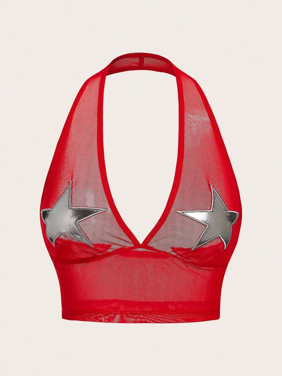Star Print Backless Halter Red Top