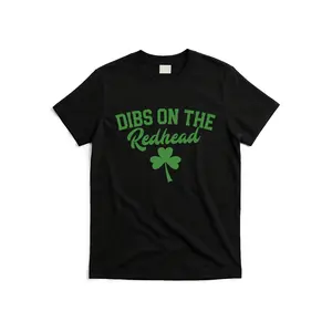 Funny Irish Drinking Tees for St Patrick’s Day with Dibs on the Redhead Phrase Unisex Casual T Shirt Black with Green Lettering Soft Breathable Fabric for Pub Crawls and Parties