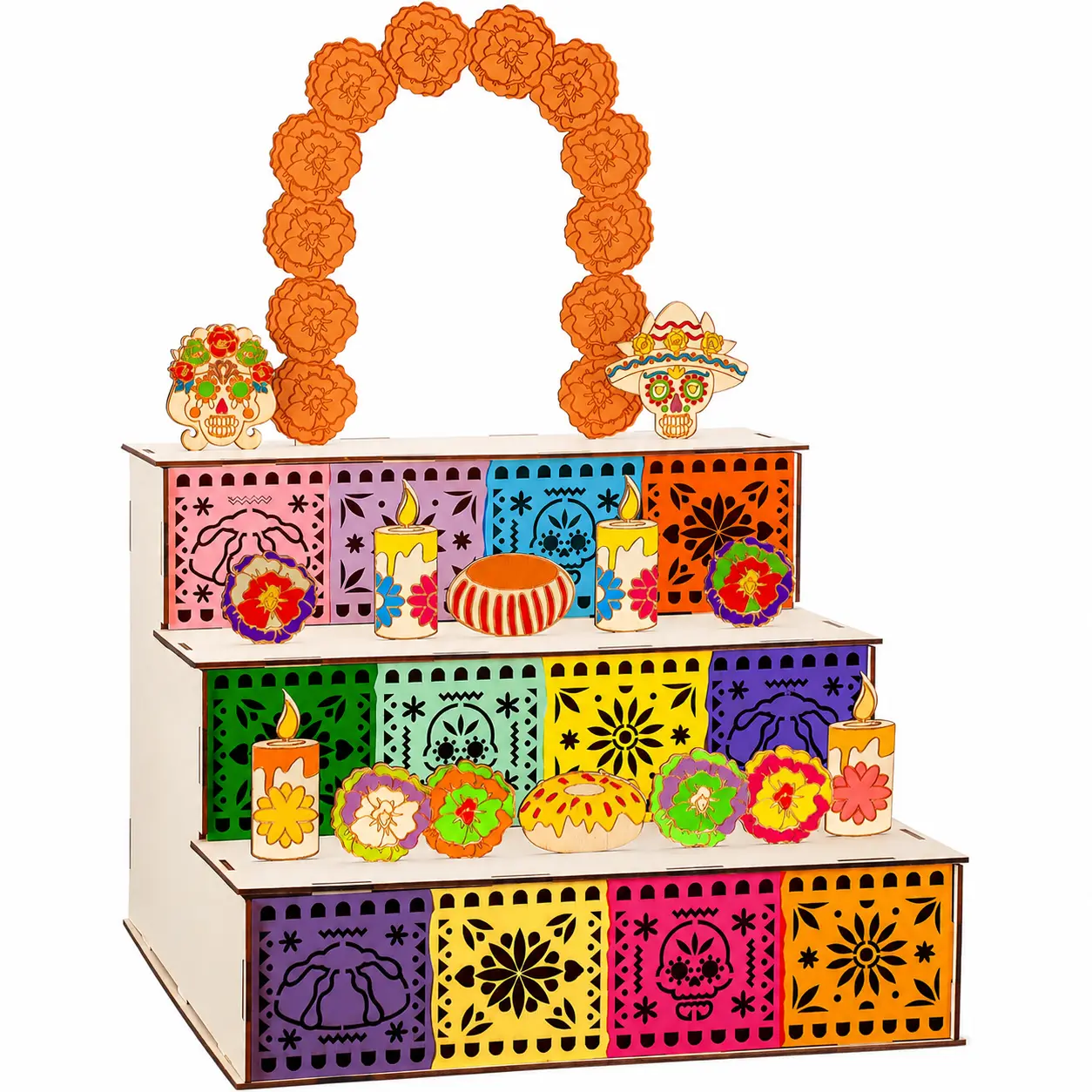 Three tier wooden Day of the Dead altar structure