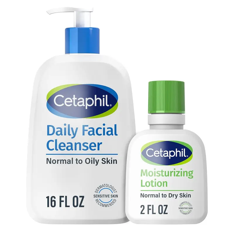 Cetaphil Daily Facial Cleanser & Face Wash Set - 16 fl oz Pore-Cleansing, Fragrance-Free, Nontoxic, Allergy-Friendly Bottle for Oily/Sensitive Combination Skin + 2 oz Lightweight Hydrating Adults' Travel Moisturizer (Self Care Products)